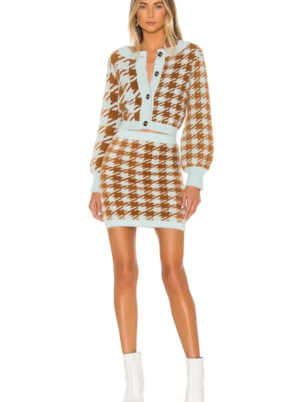 For Love And Lemons Cream and Brown Houndstooth Fuzzy Cardigan Dress
